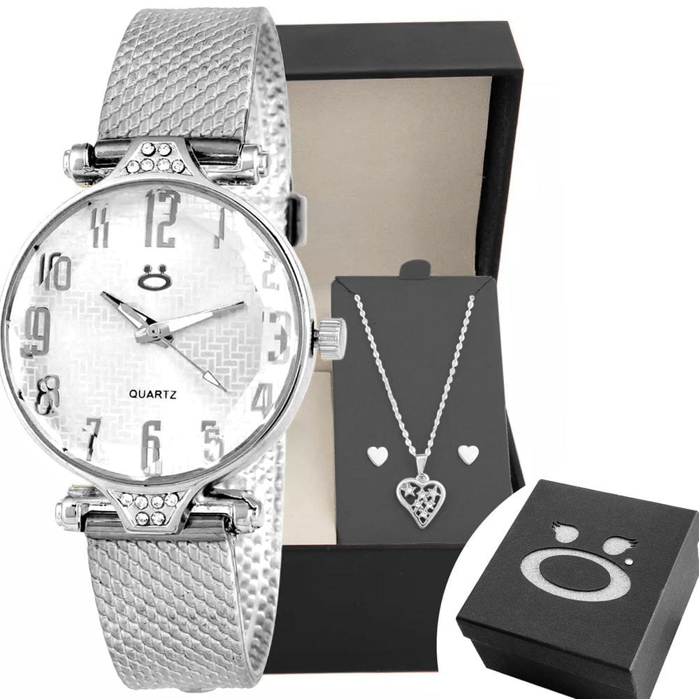 Relógio Aço Prata Feminino + Brinco Colar Coração Qualidade Premium Casual Inoxidável