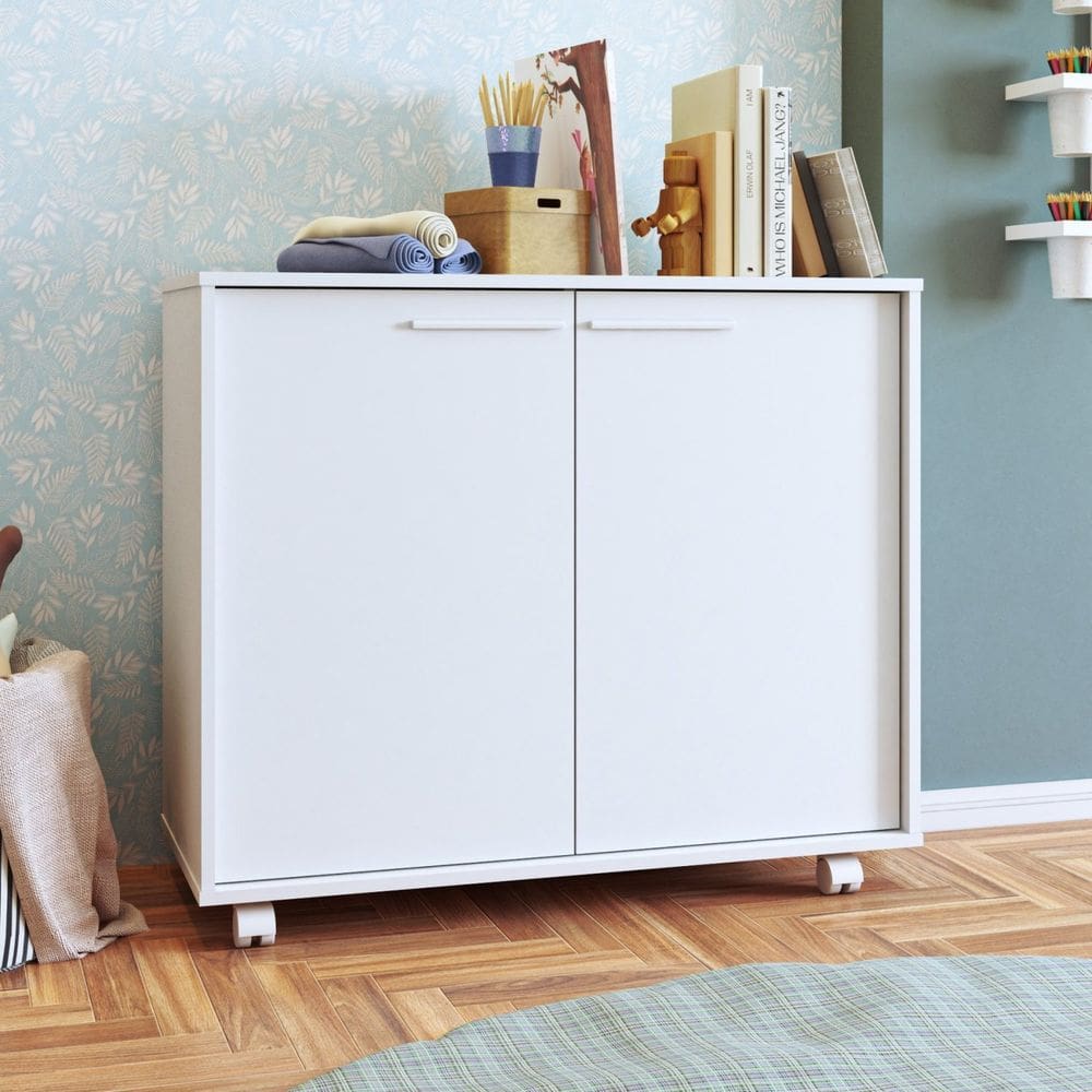 Balcao Infantil 2 Portas 2 Prateleiras 4 Pés Rodízio MDP 12mm Branco