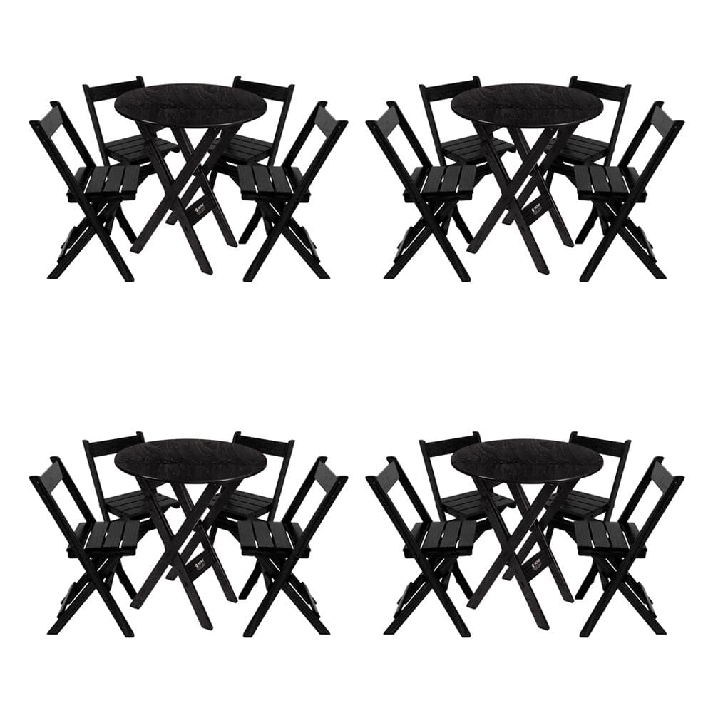 Kit 4 Conjuntos Mesa Redondo 70cm Dobrável Com 4 Cadeiras Em Madeira Maciça - Preto