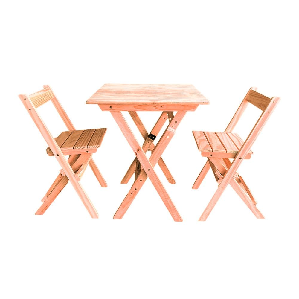 Conjunto Mesa Dobrável 60x60cm Com 2 Cadeiras Em Madeira Maciça - Cru