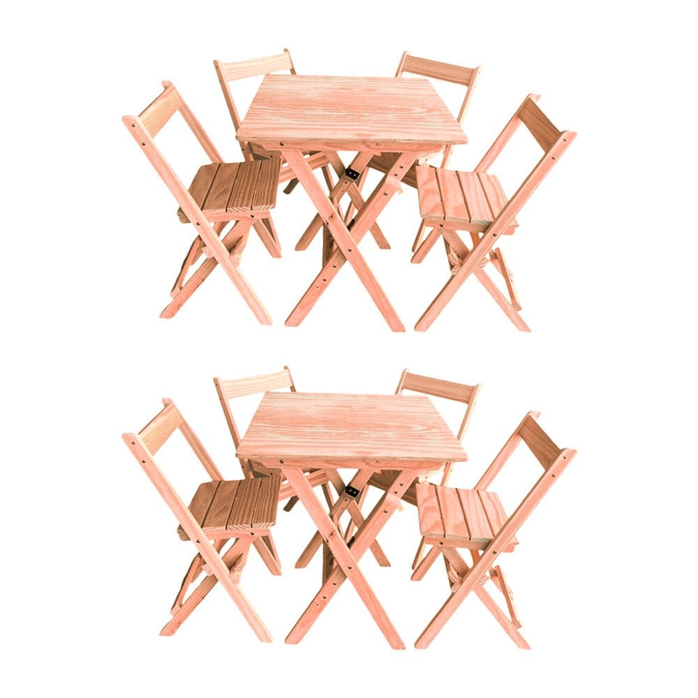Kit 2 Conjuntos Mesa Dobrável 70x70cm Para Bar Com 4 Cadeiras Em Madeira Maciça - Cru