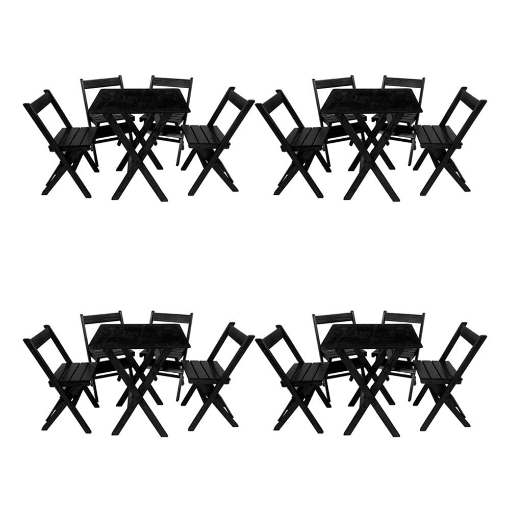 Kit 4 Conjuntos Mesa Dobrável Para Bar E Restaurante 60x60cm Com 4 Cadeiras Em Madeira Maciça - Pret
