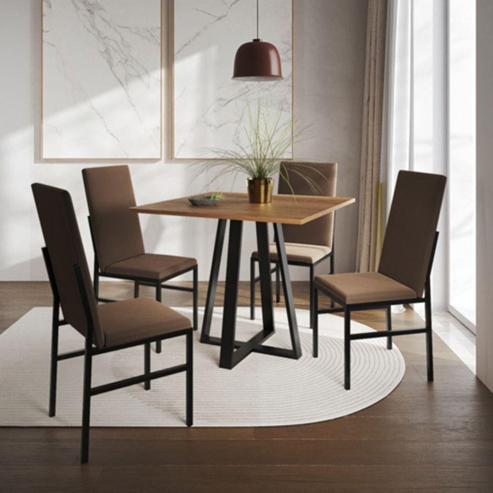 Conjunto De Jantar Mesa Mônaco Premium 90cm Imbuia Com 4 Cadeiras Estofadas Marrom Preto