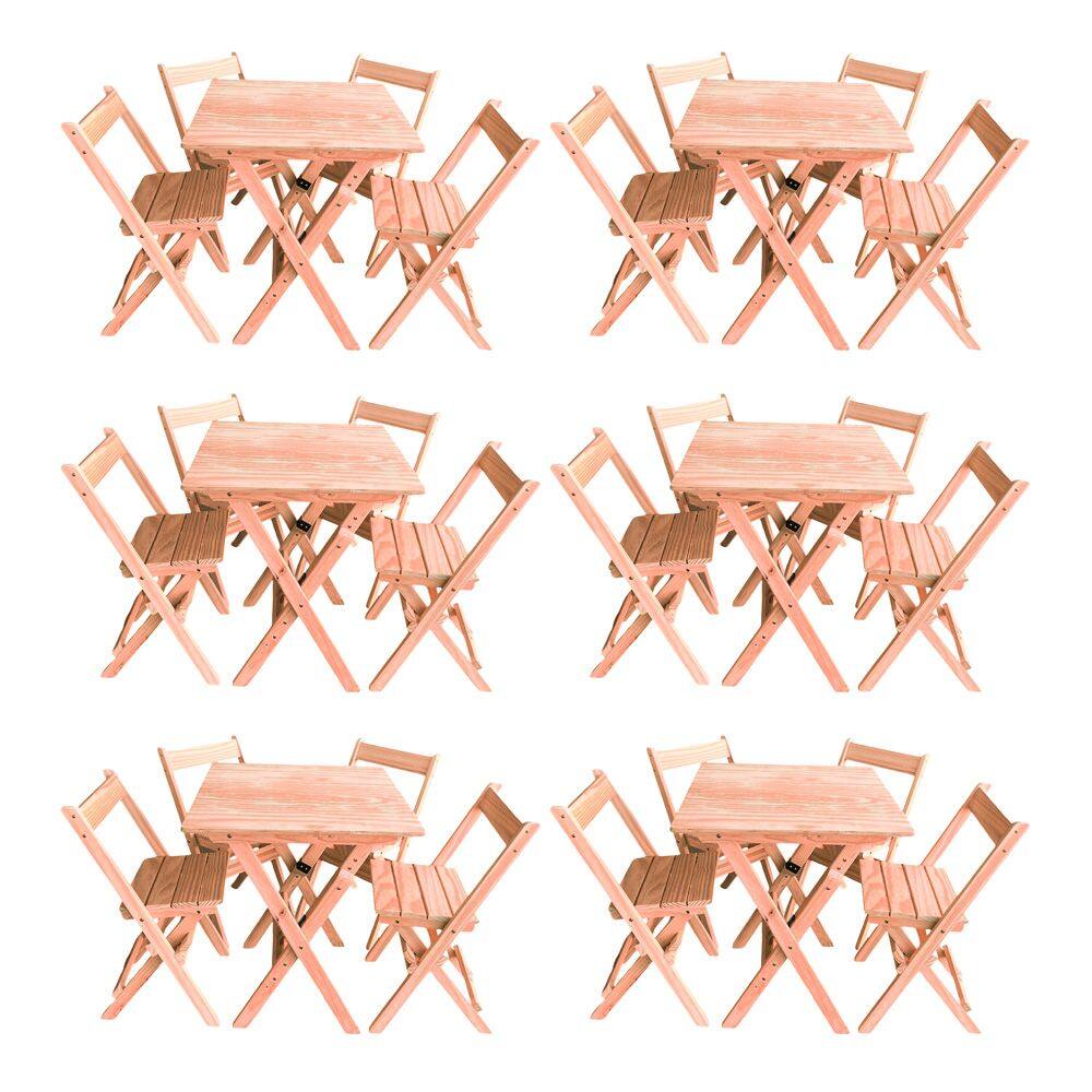 Kit 6 Conjuntos Mesa Dobrável 70x70cm Para Bar Com 4 Cadeiras Em Madeira Maciça - Cru