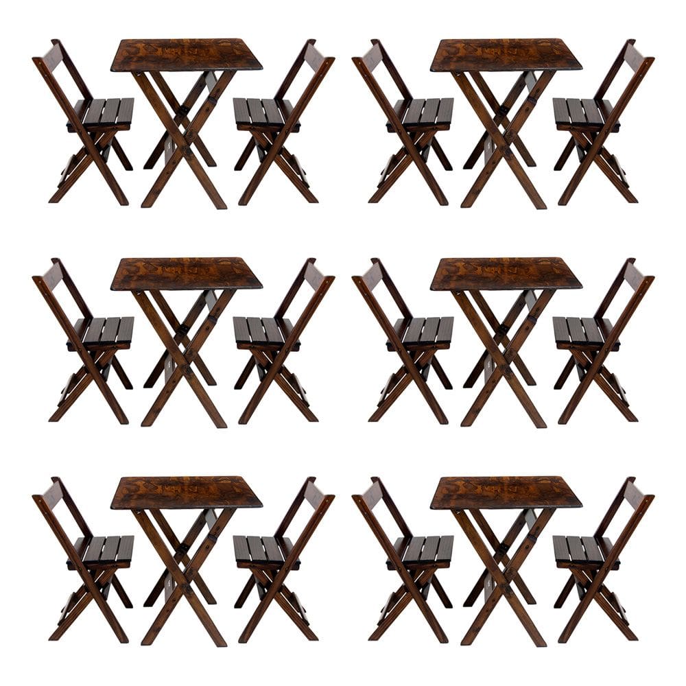 Kit 6 Conjuntos Mesa Dobrável Para Bar E Restaurante 60x60cm Com 2 Cadeiras Em Madeira Maciça - Imbu