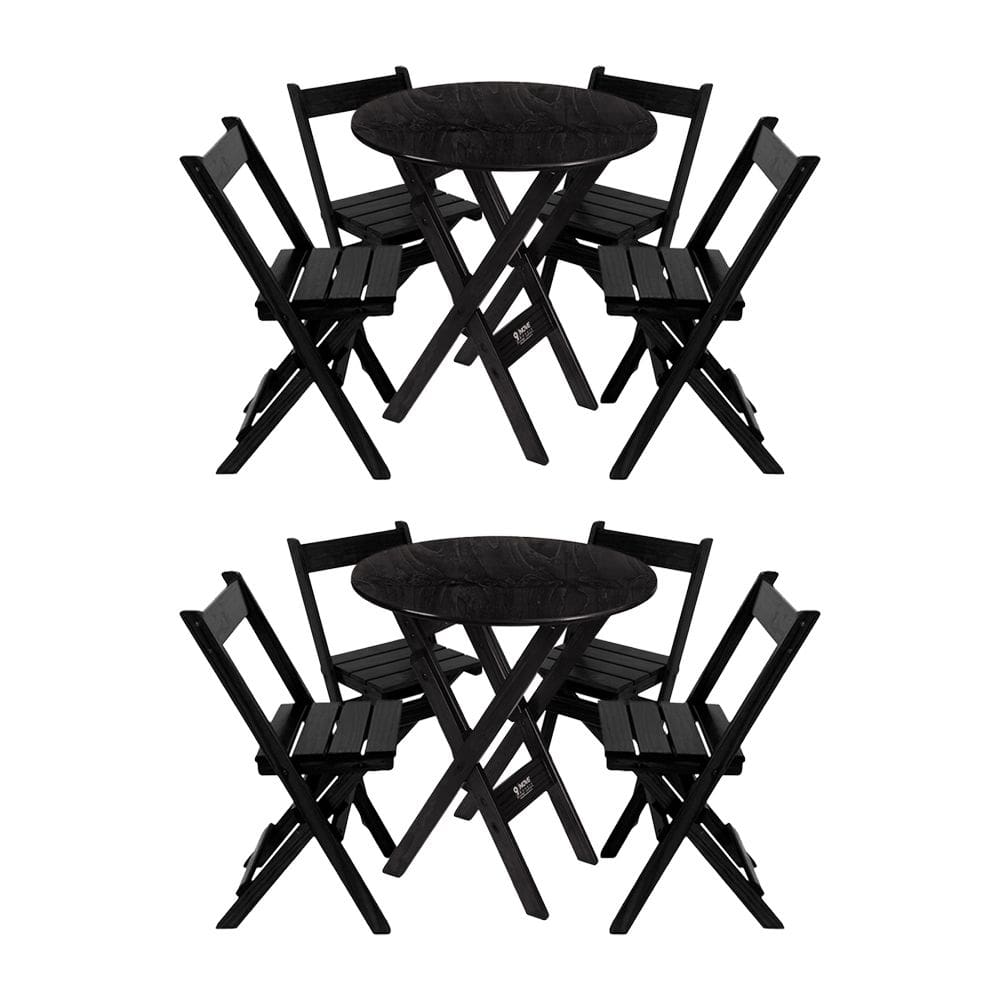 Kit 2 Conjuntos Mesa Redondo 70cm Dobrável Com 4 Cadeiras Em Madeira Maciça - Preto