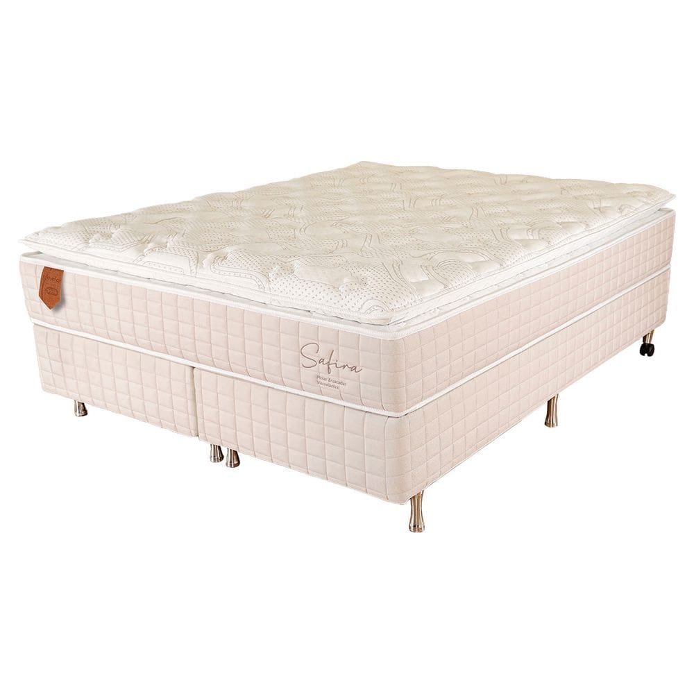 Cama Box King Size (Box + Colchão) 193X203X67 Safira Prorelax Molas Ensacadas Pillow Top Viscoelástico - Areia