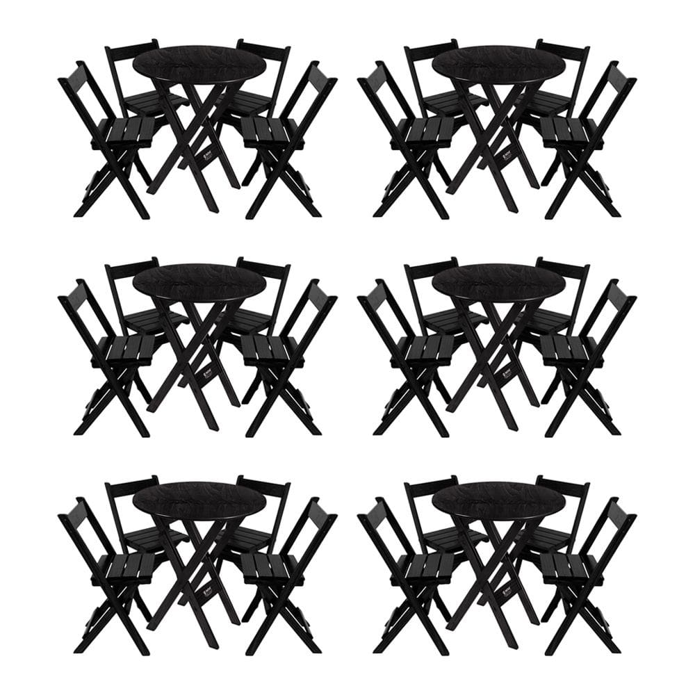 Kit 6 Conjuntos Mesa Redondo 70cm Dobrável Com 4 Cadeiras Em Madeira Maciça - Preto