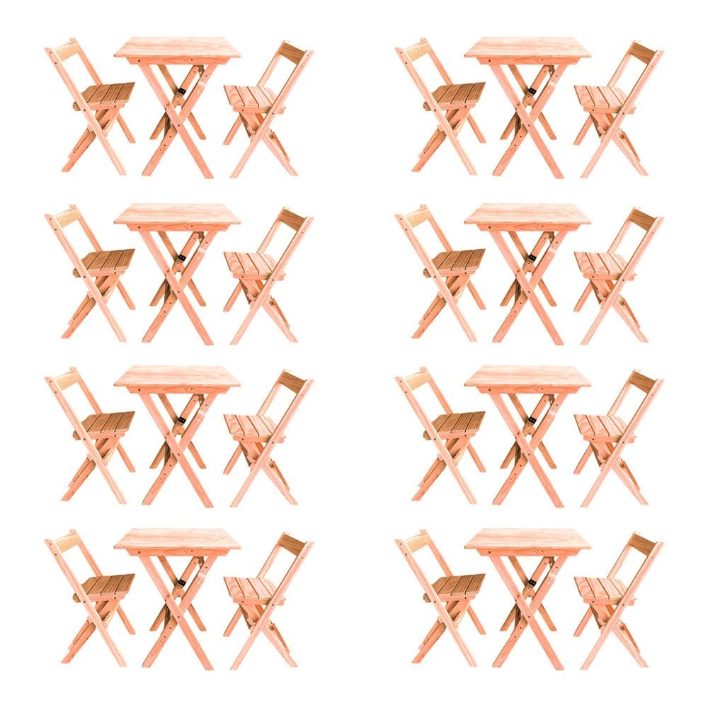Kit 8 Conjuntos Mesa Dobrável Para Bar E Restaurante 60x60cm Com 2 Cadeiras Em Madeira Maciça - Cru