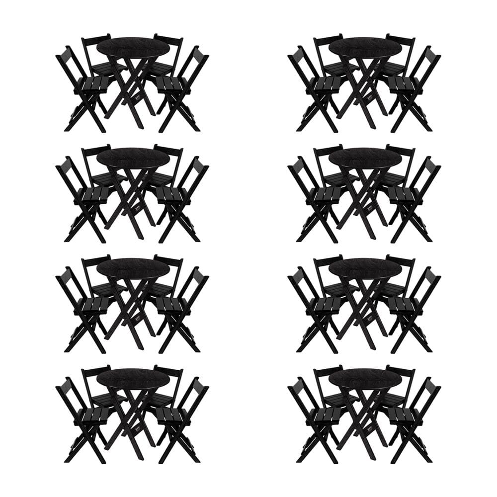 Kit 8 Conjuntos Mesa Redondo 70cm Dobrável Com 4 Cadeiras Em Madeira Maciça - Preto
