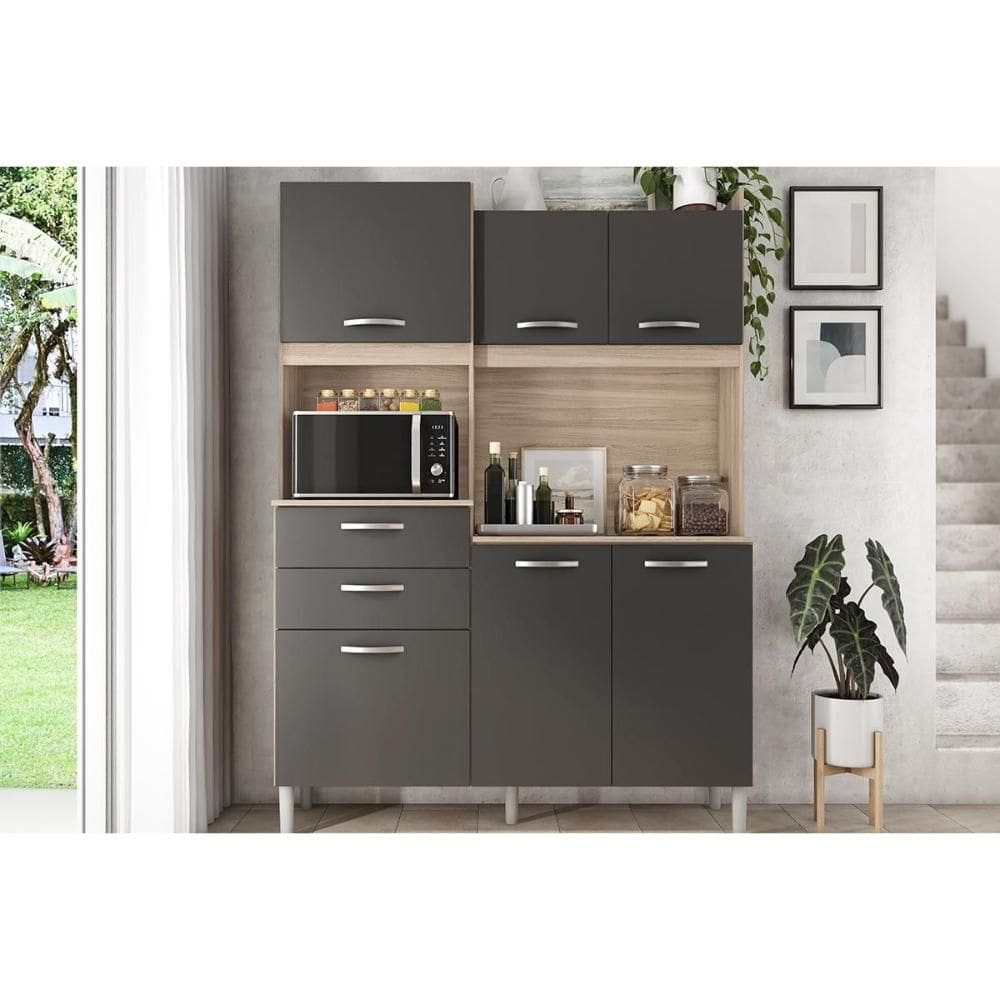 Kit de Cozinha Compacta Harmonia c/ 6 Portas e 2 Gavetas 132x183 Avena/Grafito - Demóbile
