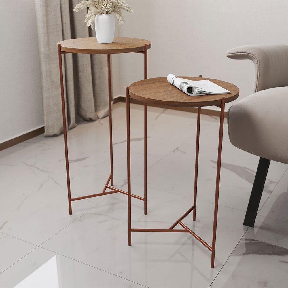 Mesa Lateral Redonda áquila Cobre E Tampo Imbuia Marrom