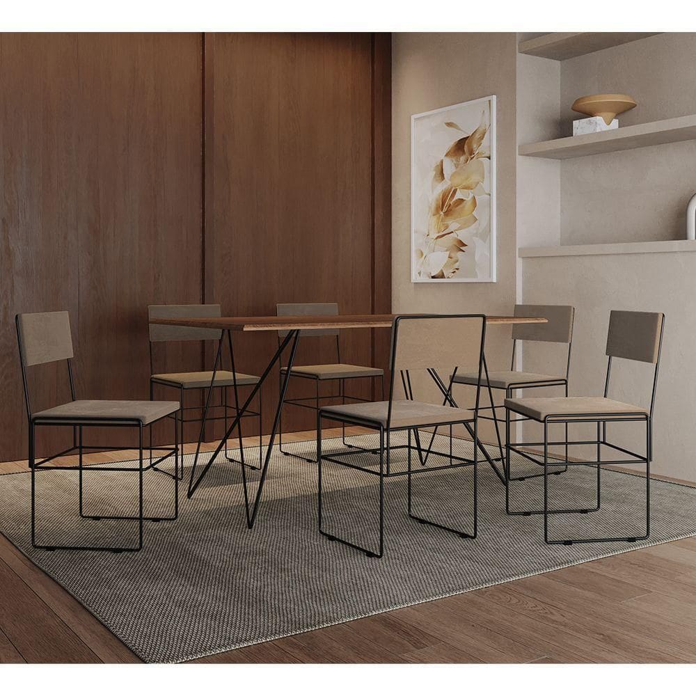 Mesa Jantar Retangular Industrial Trama 1,50x0,90m Amêndoa 6 Cadeiras Estofadas Bege E Preto Vitória Marrom