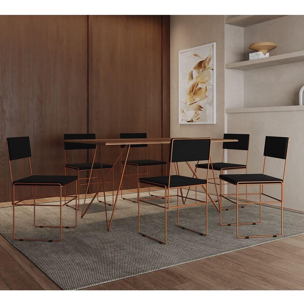 Mesa Jantar Retangular Industrial Trama 1,50x0,90m Amêndoa 6 Cadeiras Estofadas Preta E Cobre Vitóri Marrom