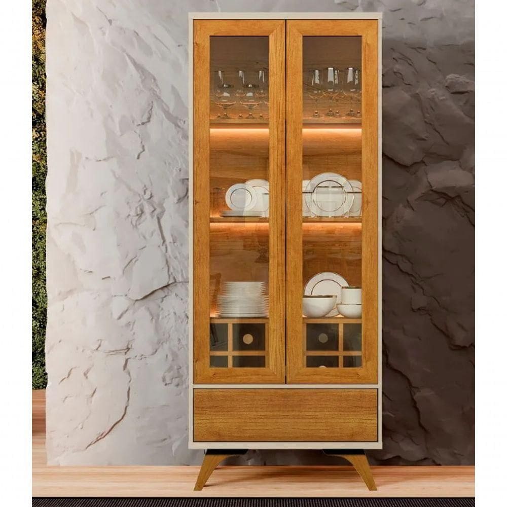 Cristaleira Adega Reflecta 2 Portas De Vidro Com Led Off White/naturalle - Mavaular