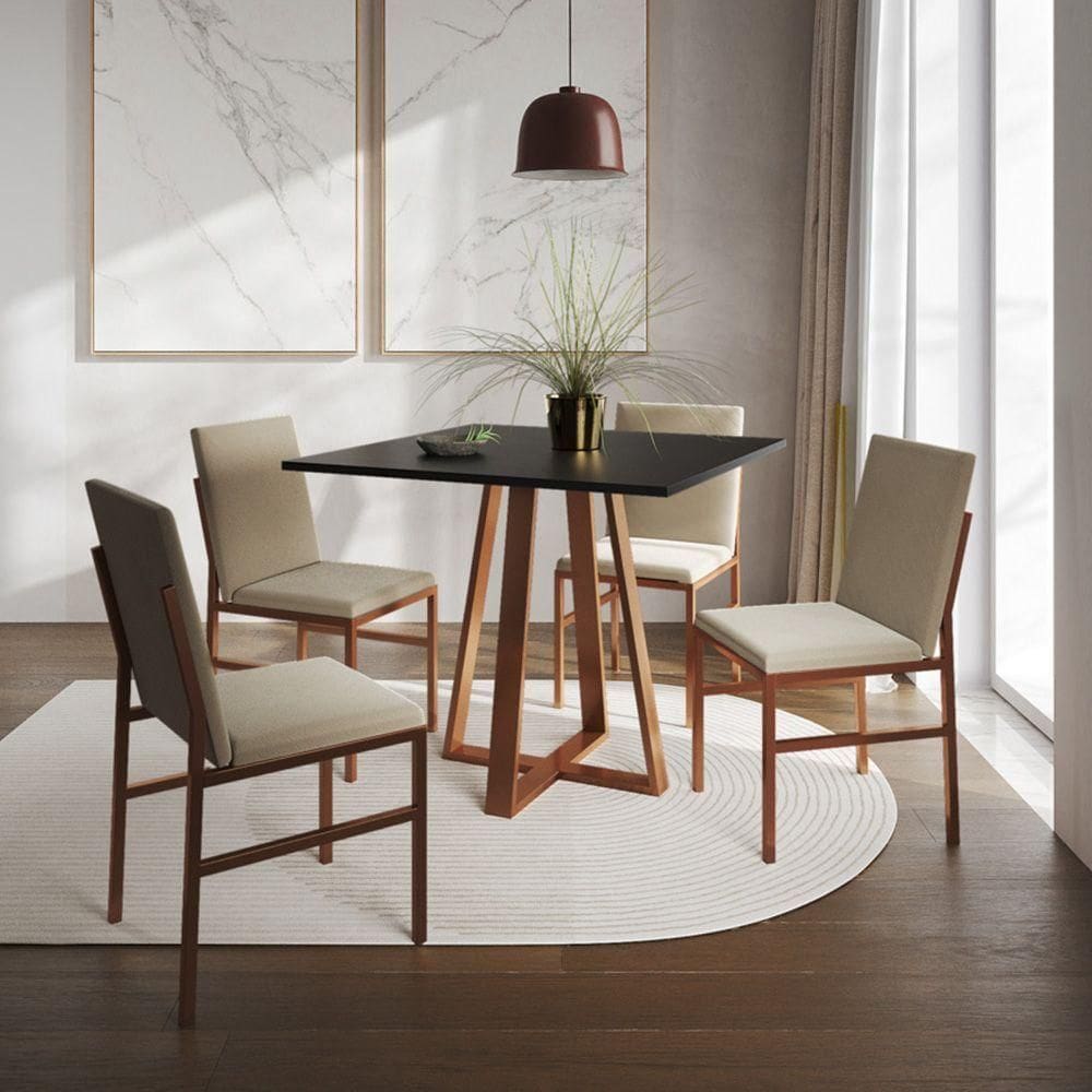 Conjunto De Jantar Mesa Mônaco 90cm Tampo Preto Com 4 Cadeiras Bege Base Cobre Preto
