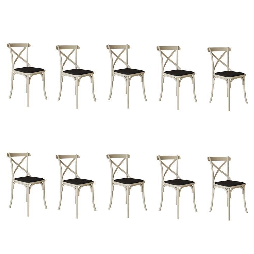 Kit 10 Cadeiras Katrina Assento Corano Preto Aço Off White Bege