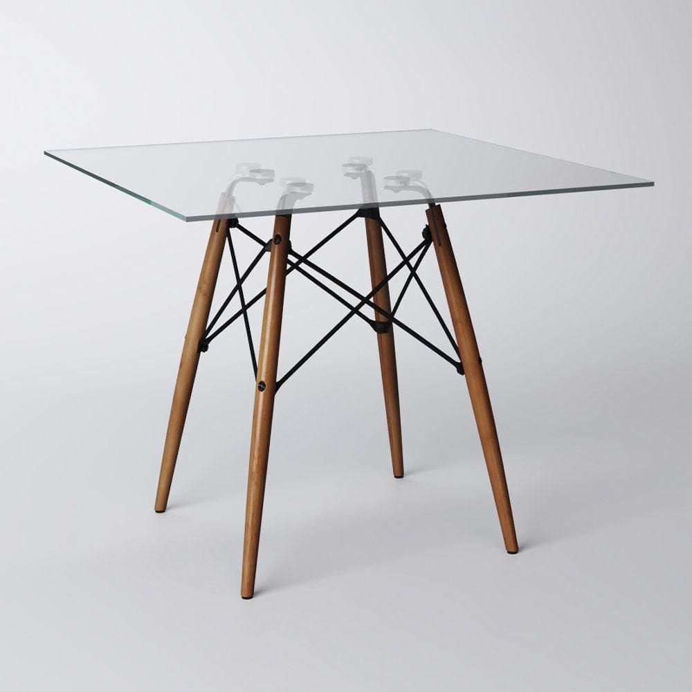 Mesa Eiffel Wood Tampo De Vidro Quadrado 110cm Branco