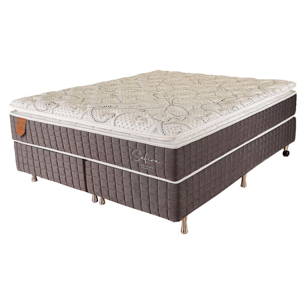 Cama Box Casal (Box + Colchão) 138X188X71 Safira Prorelax Molas Ensacadas Pillow Top Viscoelástico - Cinza