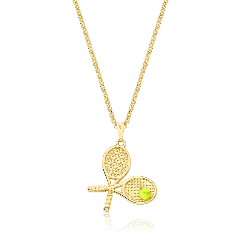Colar Raquetes e Bolinha Esmaltada de Tennis Revestido em Ouro