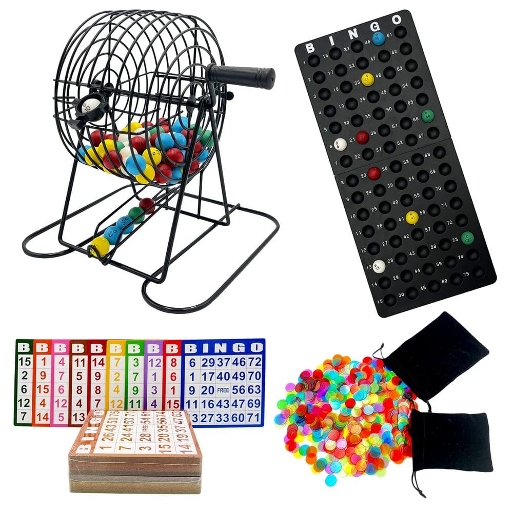 Conjunto de jogos de bingo JUNWRROW Deluxe com gaiola de bingo, cartas e fichas
