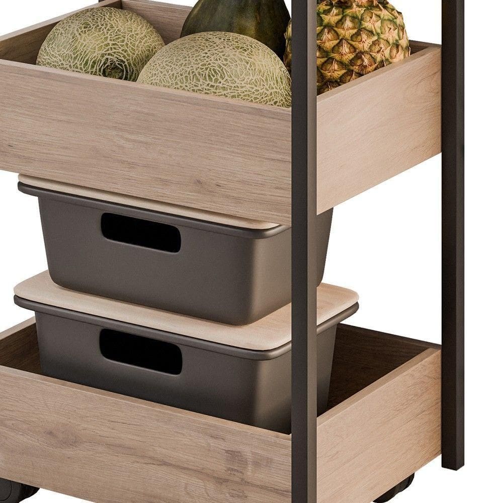Carrinho Organizador Fruteira 3 Prateleiras Industrial Liss M24 Freijó/preto - Mpozenato