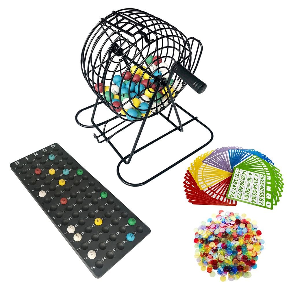 Conjunto de jogos de bingo Yuanhe Deluxe com gaiola de metal, 50 cartas e 75 barras