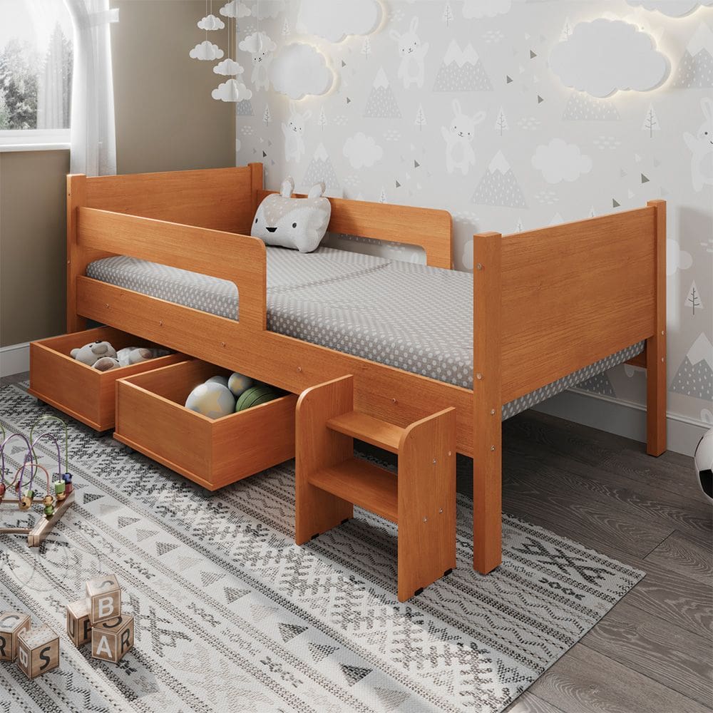 Cama Infantil Com 2 Baus Organizador E Escada Luna Plus Nature Com Colchão