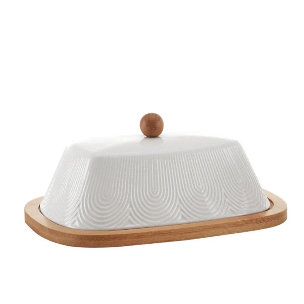 Manteigueira de Cerâmica Oasis Branca com Base Bambu 21cm