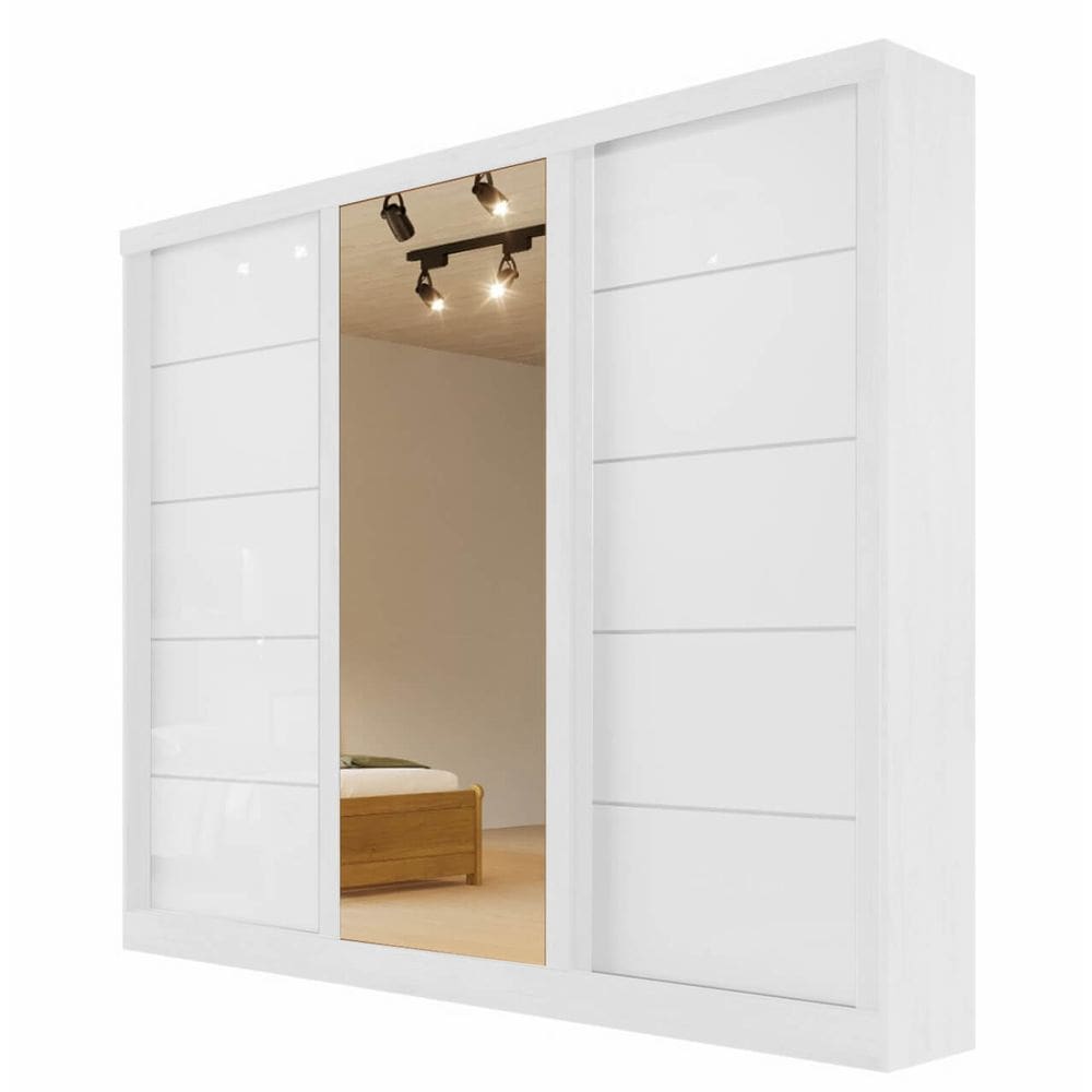 Guarda Roupa Casal 3 Portas de Correr com Espelho Capri Cor Branco
