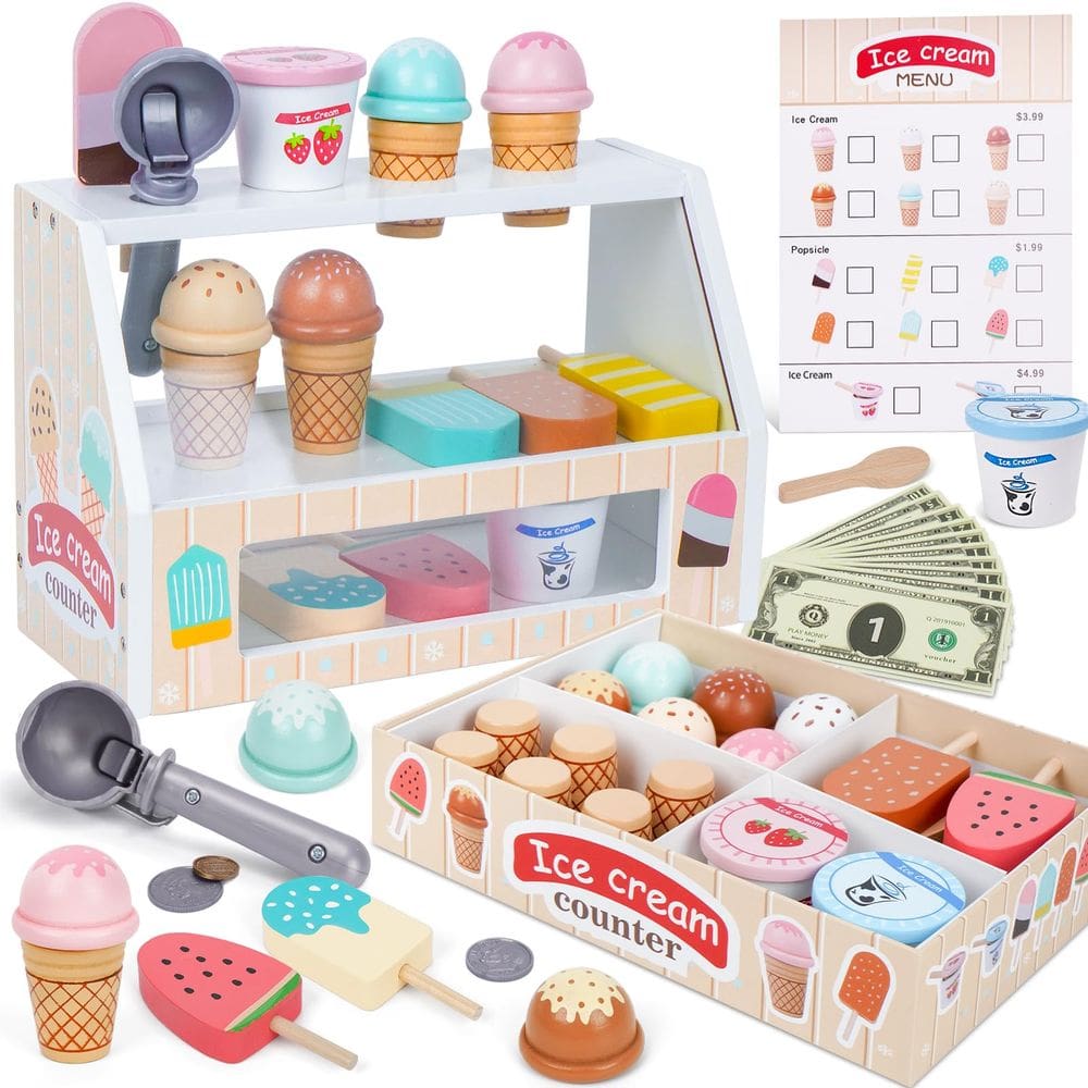 Ice Cream Counter Playset Melofaver Wooden para crianças de 3 a 8 anos