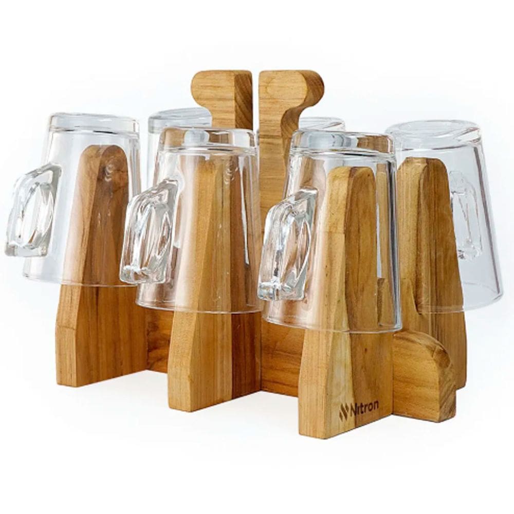 Organizador Suporte Para 6 Copos Canecas Taças em Madeira Linha Teca Elegante Premium