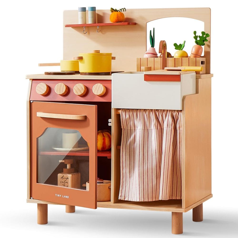 Conjunto de cozinha Play Tiny Land com comida cortada para crianças pequenas