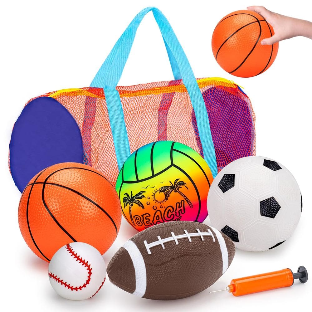 Conjunto de bolas esportivas Qirptey, pacote com 5, bolsa e bomba manual para crianças de 1 a 7 anos