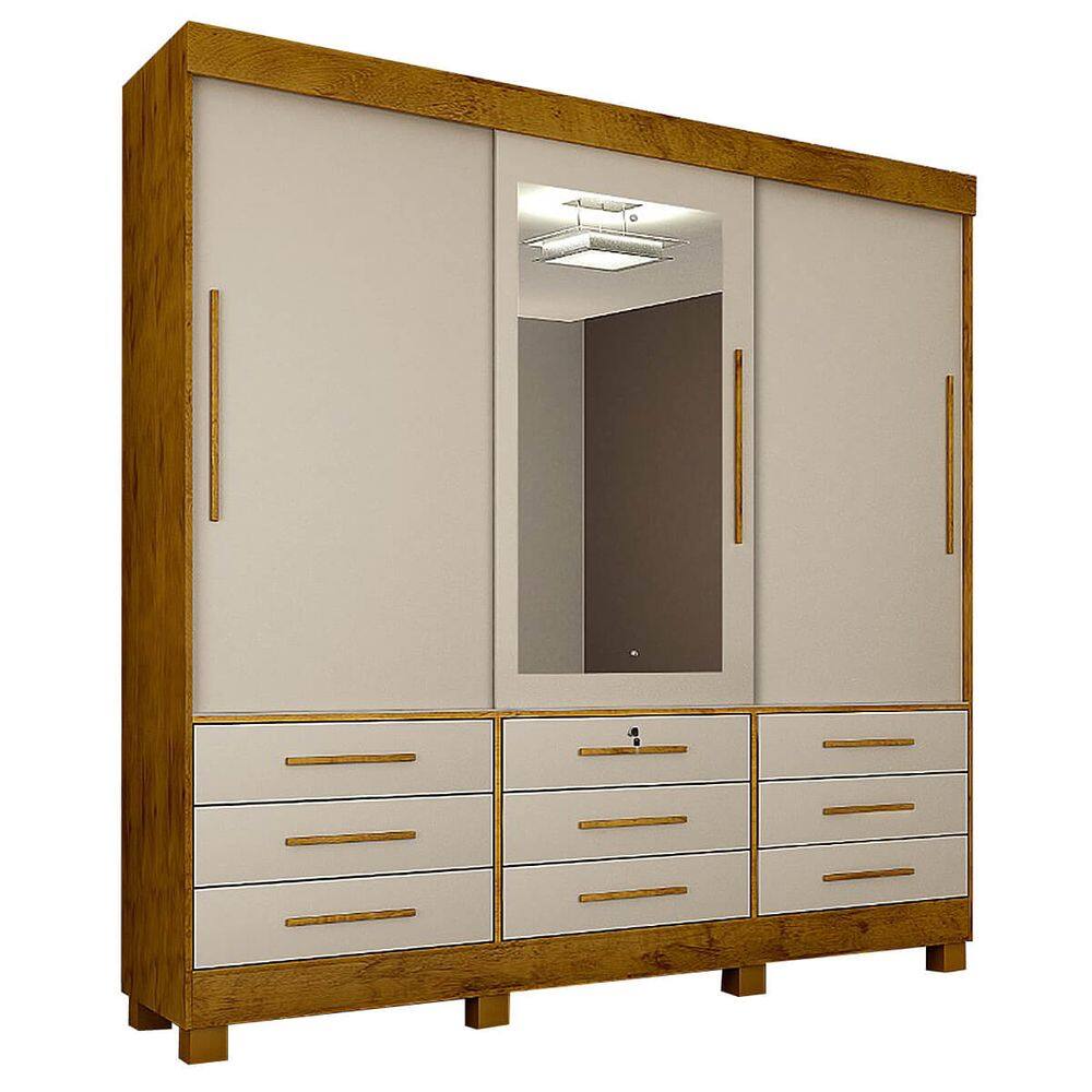 Guarda Roupa Casal 3 Portas 9 Gavetas com Espelho Cor Cedro com Off White