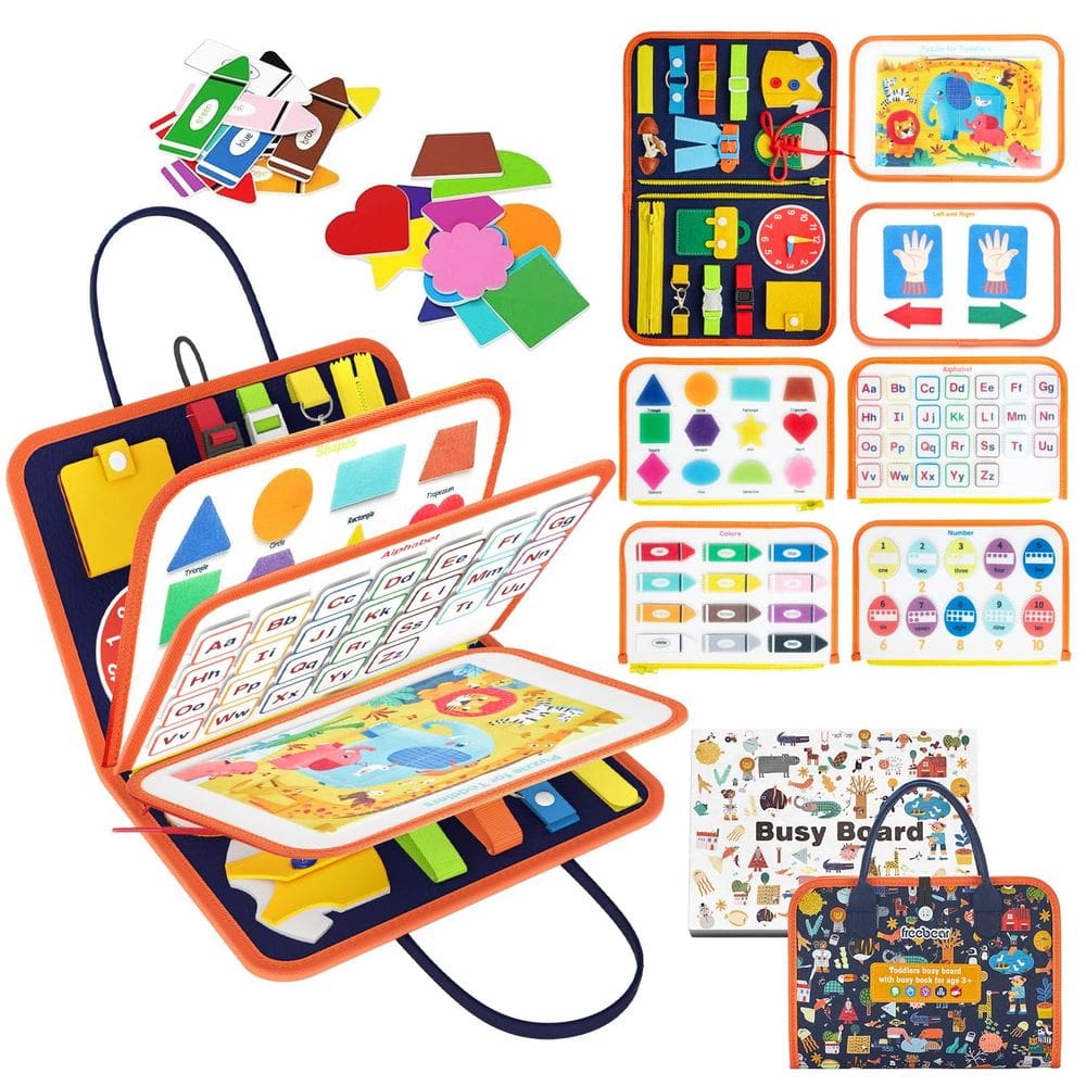 Brinquedo sensorial de viagem para crianças Busy Board Freebear de 1 a 4 anos
