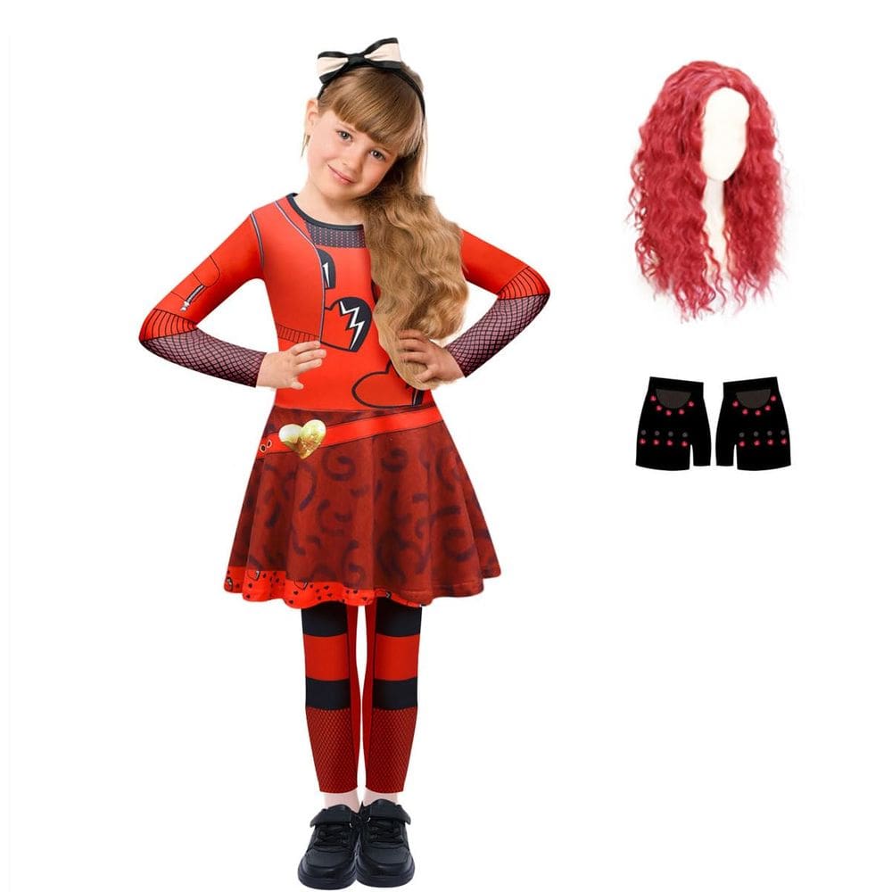 Traje ROSEZUZU vermelho para meninas de 7 a 8 anos com peruca e luvas
