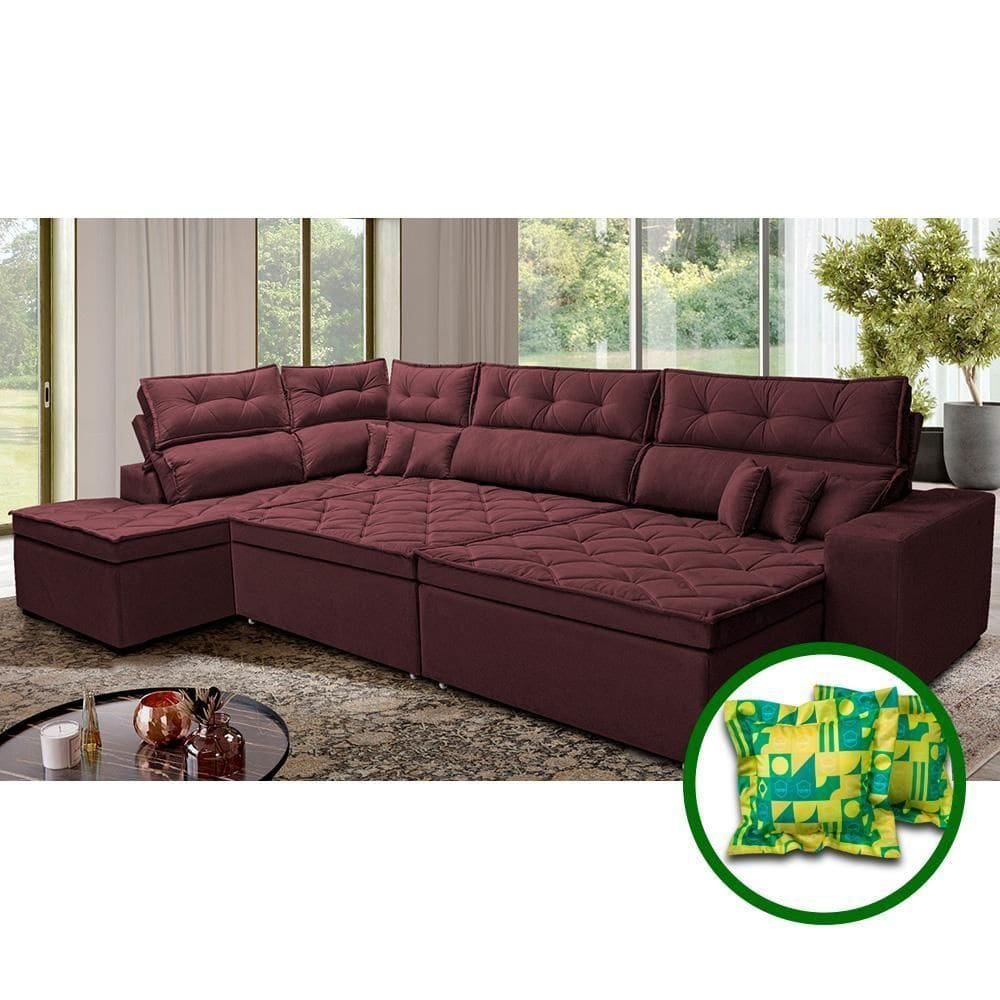 Sofá De Canto Retrátil E Reclinável Esquerdo 3,40x2,36m Molas Cama Inbox Espanha Velusoft Vinho