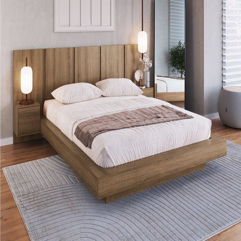 Cama Casal Queen Suspensa, Cabeceira e Mesas de Apoio 140/160 Zurique Mel