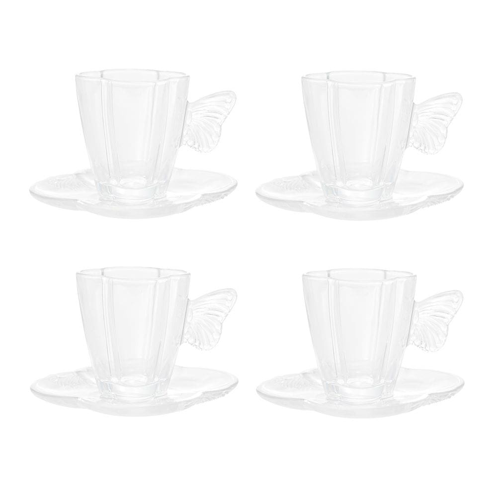 Cj 4 Xícaras P/Café C/Pires de Vidro Borboletas Transparente 80ml Wolff