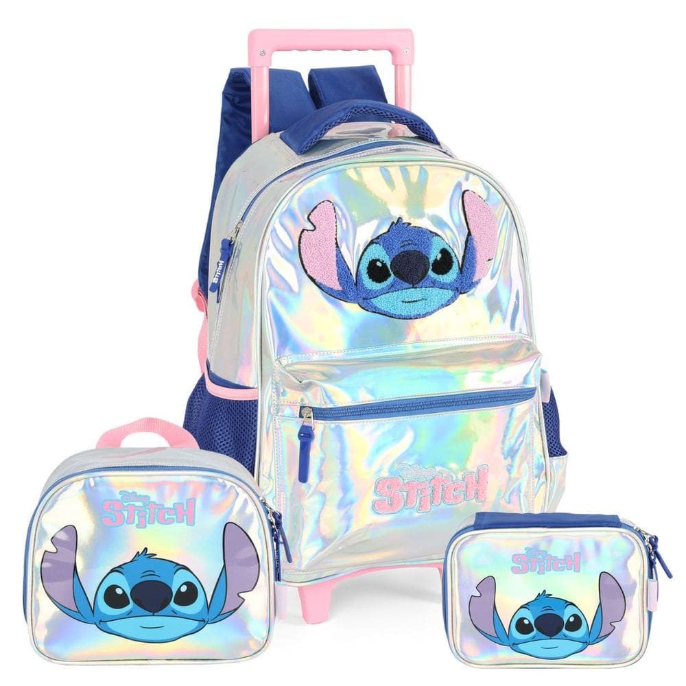 Kit De Rodas Holográfico Stitch Com Lancheira e Estojo Box