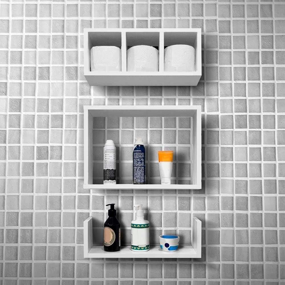Conjuto Kit 3 Nichos Prateleiras Decorativas Branca Para Banheiro