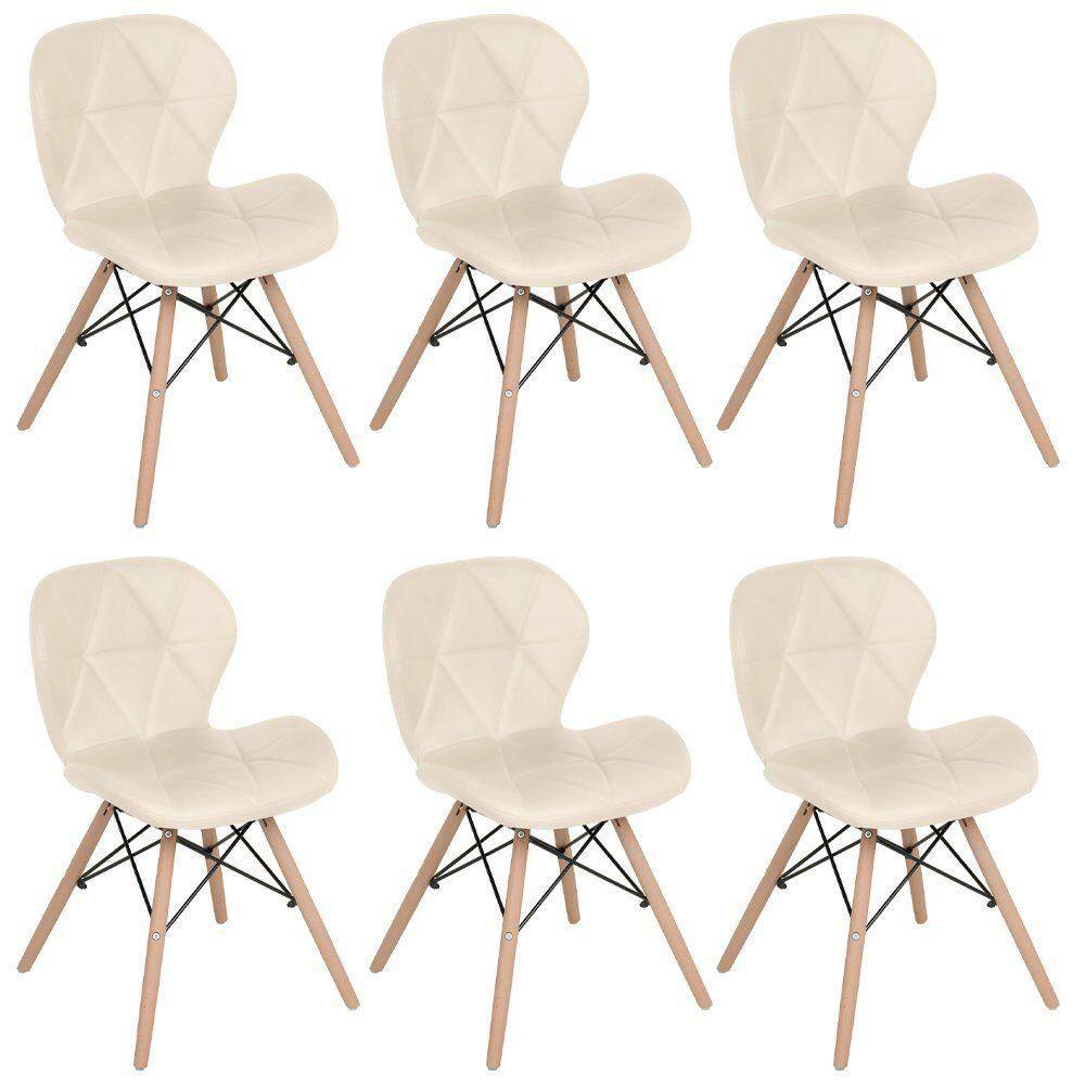 Kit 6 Cadeiras Estofadas Charles Eames Eiffel Slim Wood Confort Creme