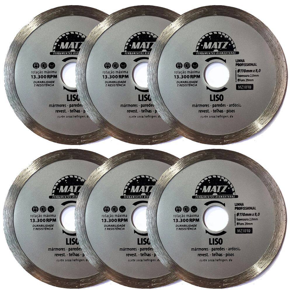 Kit 6 Disco De Corte Diamantado Liso 8mm 110mm x 20mm Matz