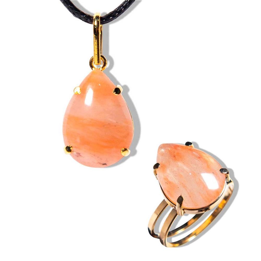 Conjunto Anel e Pingente Gota Pedra Quartzo Cherry Dourado