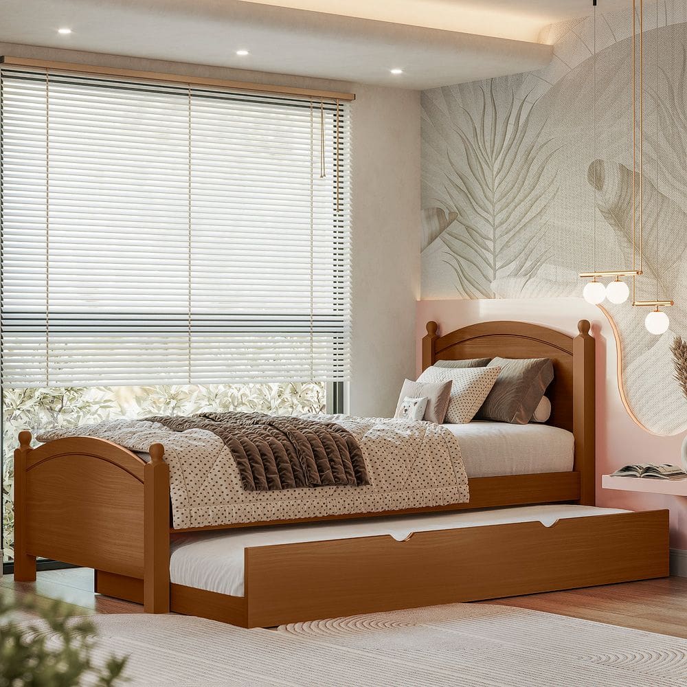 Cama Solteiro Madeira Maciça e Mdf Merk Com Cama Auxiliar