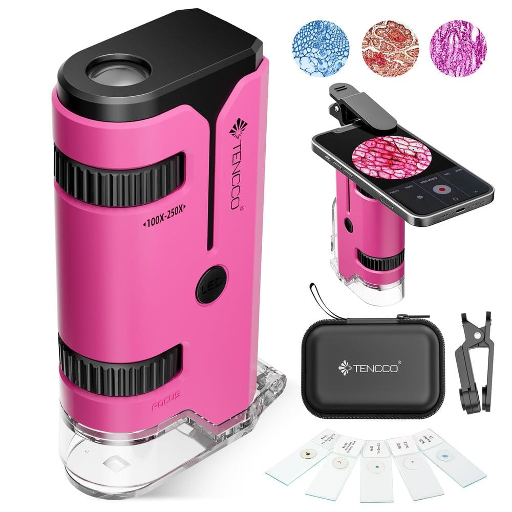 Microscópio de bolso TENCCO 100x-250x com lâminas e adaptador de telefone