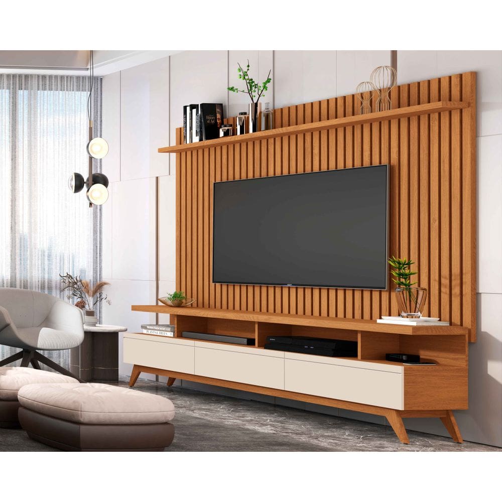 Conjunto Rack Vivare 1.8 Com Painel Classic Ripado para Tv até 72 Polegadas Nature com OffWhite - Rede Móveis