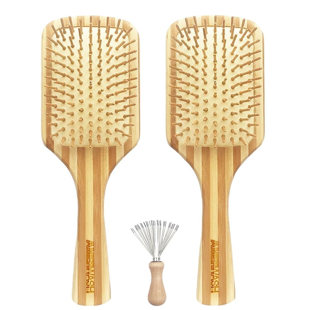 Escova de cabelo AMERWASH PLUS Bamboo Bristle Paddle Paddle, pacote com 2