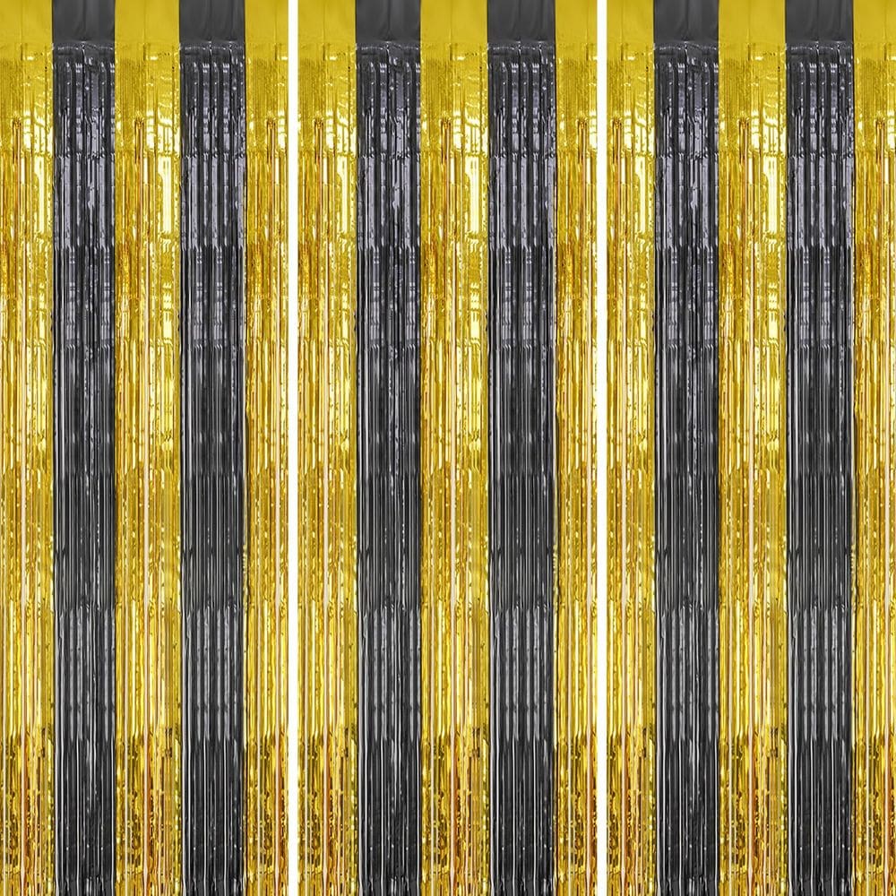 Pano de fundo com franja metálica DECOCKRAT, enfeites pretos e dourados, 1 x 2,5 m, 3 Pa